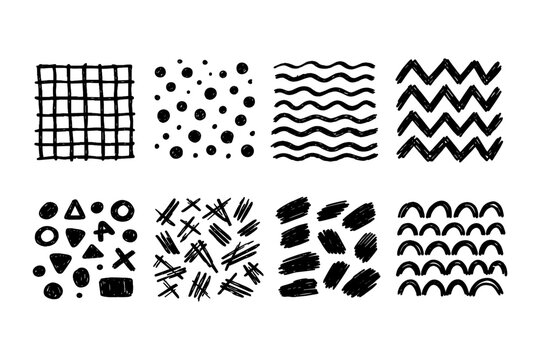 Collection of eight hand-drawn abstract patterns and shapes in black ink