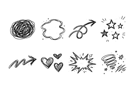 Collection of hand-drawn doodle elements including arrows, hearts, stars, and abstract shapes