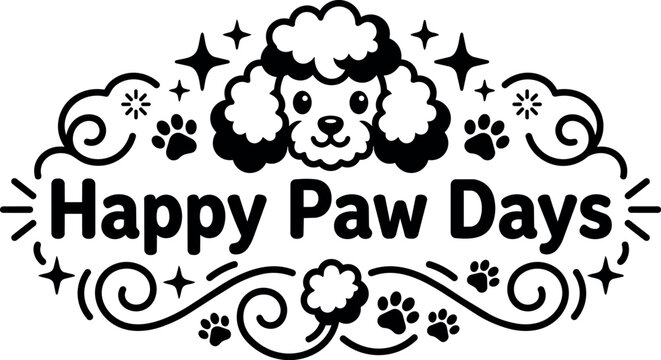 Happy paw days dog head paw prints and sparkles vector illustration black and white