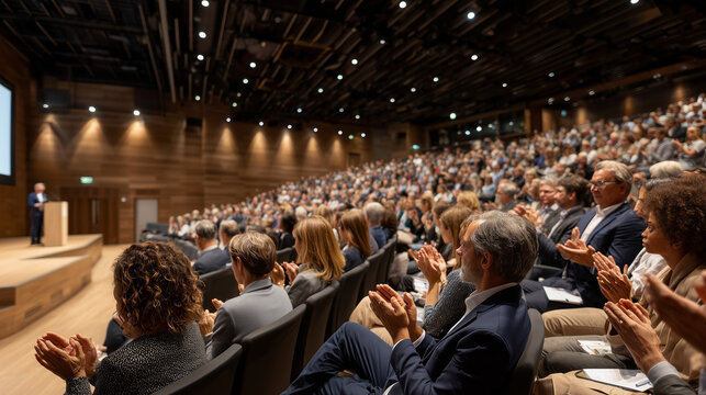  Corporate townhall event with employees applauding leadership in a modern office.

