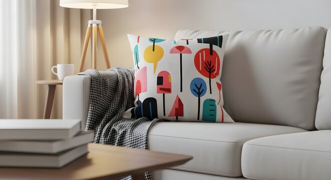 Decorative square throw pillow featuring a vibrant and colorful abstract pattern of stylized trees resting comfortably on a modern white couch in a bright living room to create a cozy and stylish foca