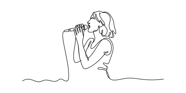 Continuous single line drawing of a woman singing into a microphone with elegant minimalist style Vector, illustration
