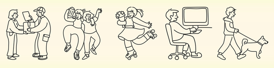 Fototapeta premium Line art of diverse people: a couple exchanging gifts, friends dancing, a girl roller skating, a person at a computer, and a person walking a dog. Doodle vector set.