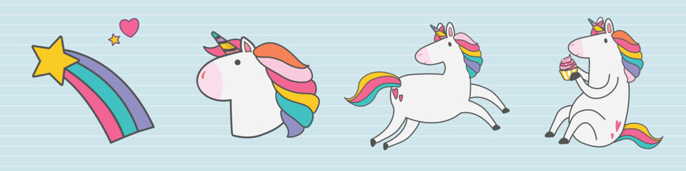 Cute unicorns with rainbow manes and tails. Unicorns in various poses: headshot, running, and eating a cupcake. Whimsical rainbow and star add charm. Cute illustrations, vector set. © Rawpixel.com