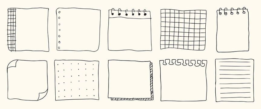 Collection of hand-drawn notebook pages. Various notebook styles: lined, grid, plain. Sketchy notebook pages for creative designs. Notebook variety for notes. Hand drawn illustrations, vector set.