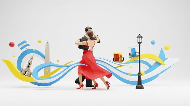 Couple dancing tango in Paris cityscape with colorful abstract background