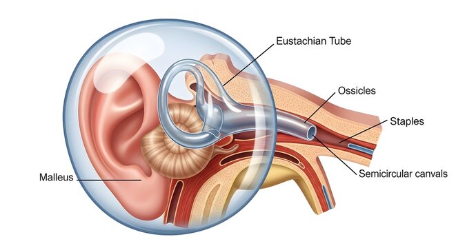 Comprehensive cross‑section illustration of the ear showing the Eustachian tube, ossicles, stapes, semicircular canals and malleus, explaining pressure equalization in the middle ear, sound transmissi