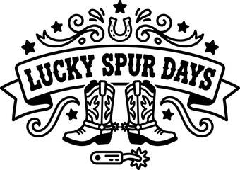Obraz premium Black and white vector art lucky spur days with cowboy boots horseshoe and stars