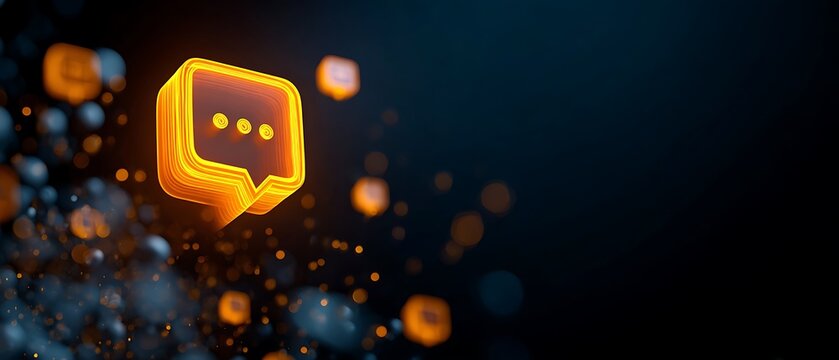 Glowing orange chat box icon floats amidst sparkling particles in dark space