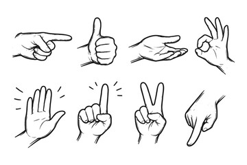 Fototapeta premium Collection of hand gestures drawn in a simple sketch style, conveying various meanings