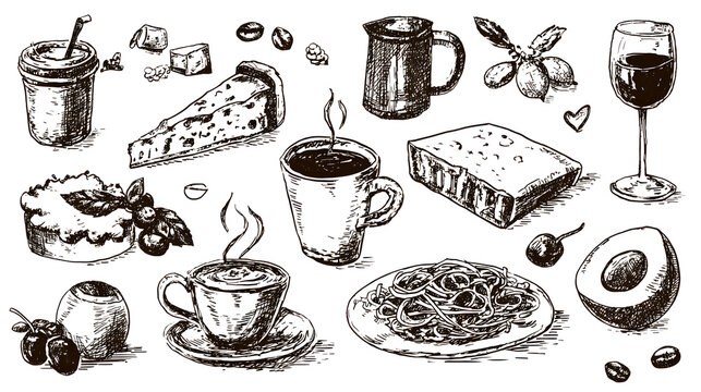 Hand drawn Italian whimsical doodle sketch clip art. Vintage La dolce vita (sweet life in Italian) icons. Crayon or brush drawn cheese, coffee cup, glass of wine with pasta, eggs or cheese.