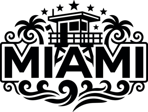 Black and white miami lettering with lifeguard tower and palm tree vector art