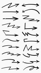 Fototapeta premium Set of simple lines hand drawn black arrows in various style. Set of simple of hand drawn black arrows. Set of simple lines hand drawn black arrows. Various of simple lines arrows collection