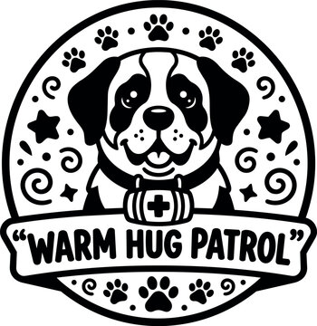 Happy dog with barrel warm hug patrol badge and paw prints