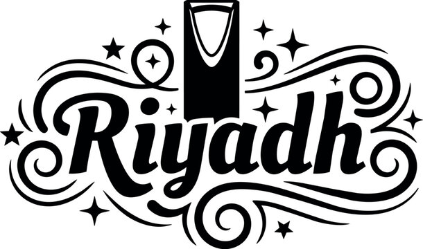 Black and white decorative lettering riyadh with swirls stars and building icon