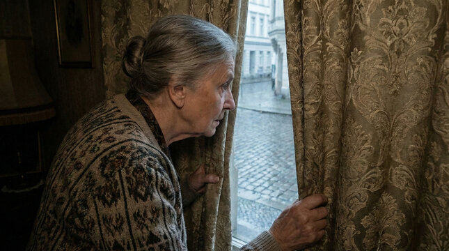 Elderly woman looking through curtains at street, loneliness and quiet observation at home. Nosy neighbor.