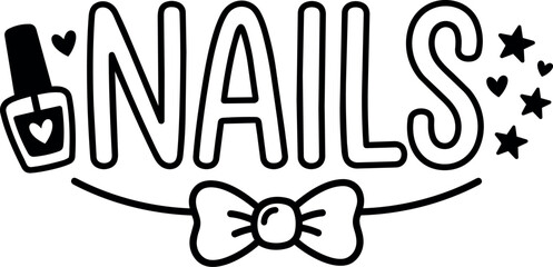 Fototapeta premium Black and white nails lettering with nail polish bottle and decorative bow vector art