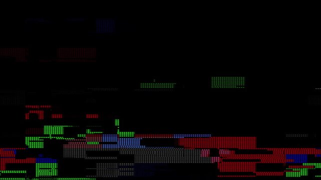 Abstract digital glitch video overlay texture with colorful horizontal pixelated blocks on a black background.