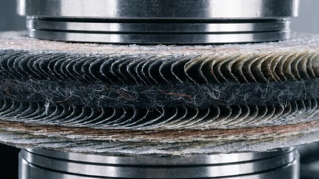 Footage of a cutoff disc undergoing compaction focusing on thin abrasive layers being pressed tightly to create a strong reliable disc for metal cutting applications.