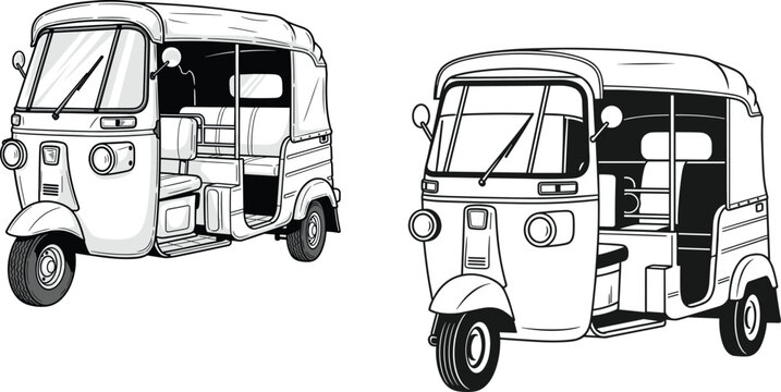 Auto rickshaw silhouette, tuk tuk illustration, three wheeled taxi, urban transport sketch, traditional vehicle drawing, Asian street ride, cultural mobility art