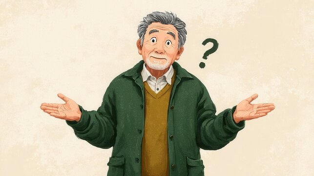 forgetful senior asian man with hand on head and question mark illustration above, confusion and memory loss concept
