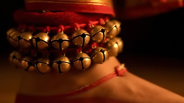 Close-up of Indian Classical Dancers Anklets with Bells.