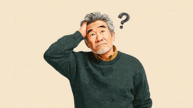 forgetful senior asian man with hand on head and question mark illustration above, confusion and memory loss concept, clean and expressive composition