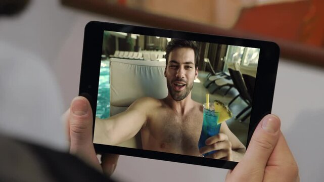 Businessman online conference tablet calling at room closeup. Pool guy toasting