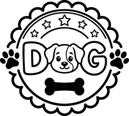 Fototapeta premium Black and white dog face with bone and paw prints circular line art