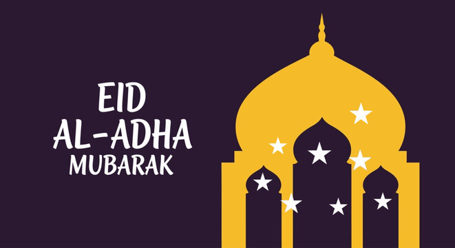 Happy Eid al-Adha Mubarak greeting with mosque and stars on a dark purple background