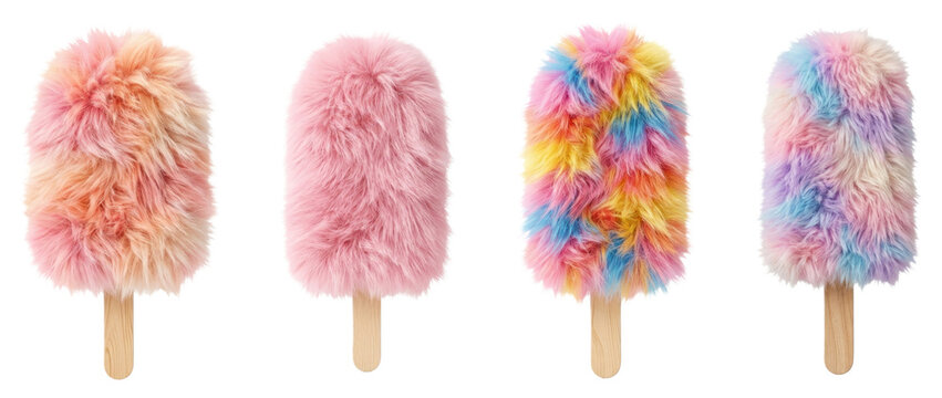 Surreal Popsicles Vibrant Pastel Colors long soft fluffy faux fur texture isolated on white or transparent background. PNG die-cut for advertising