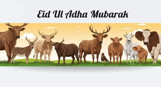 Celebrate Eid ul Adha Mubarak with a heartwarming illustration featuring a variety of farm animals, symbolizing the spirit of sacrifice and community