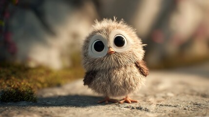 Fototapeta premium A cute cartoon owl standing on a stone path in a natural outdoor environment.