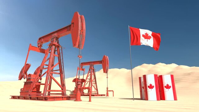 Oil pumpjack operating in desert with Canada flag, Looping video. 3D Render