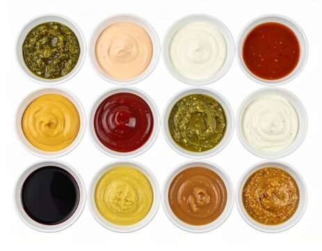 Assorted sauces and condiments collection in small white bowls isolated on white background. pesto, BBQ sauce, honey, mayonnaise, tzatziki, green chutney, salsa, raita, mustard, soy sauce, tahini 