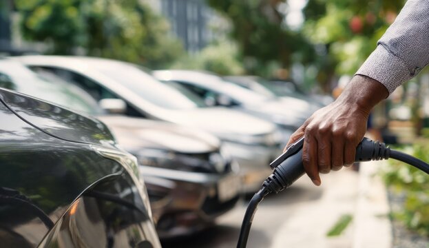 An african american man's hand plugging in an electric vehicle charging cable, emphasizing accessories and hand texture