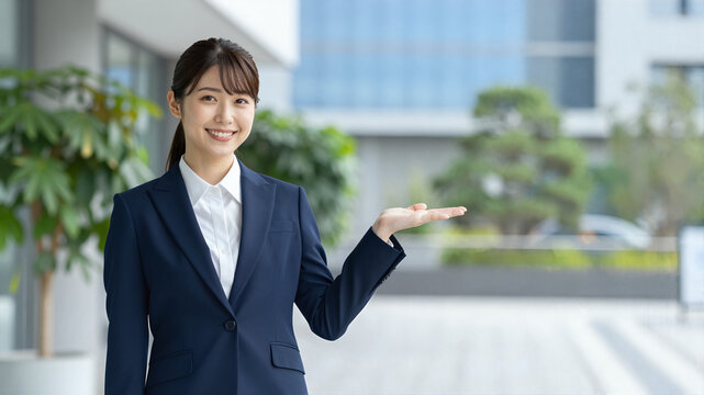 Smiling young Japanese businesswoman in suit presenting empty copy space on the right, modern office background, generative AI