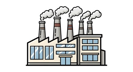 Naklejka premium A classic industrial factory building with multiple chimneys emitting smoke. Symbol of manufacturing plant, energy production, and heavy industry infrastructure.