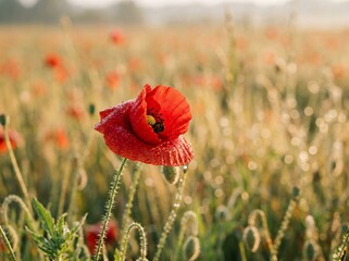 Fototapeta premium Close-up of a vibrant red poppy flower, surrounded by a field of poppies with a soft, natural bokeh effect