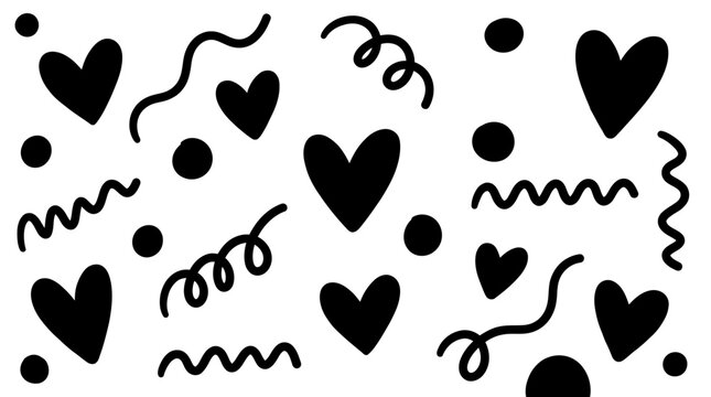 Playful black hearts, dots, and squiggly lines doodle pattern on a clean white background, creating a whimsical and festive design.