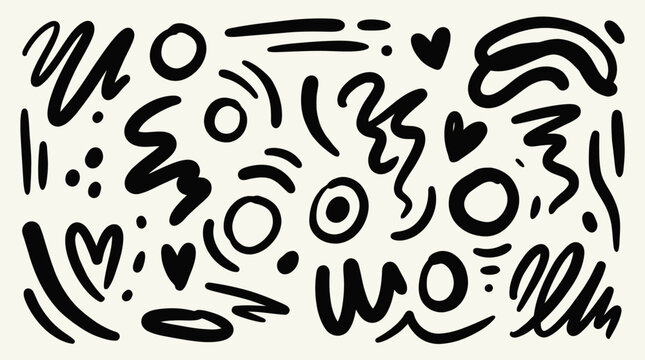 A collection of black hand-drawn doodle elements including lines, circles, dots, hearts, and abstract shapes on a light background, creating a playful and artistic pattern.