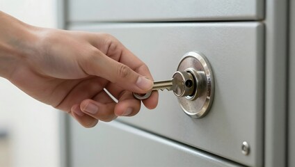 Naklejka premium Hand holding key inserting into metal lock on gray safe deposit box in bank security and privacy concept