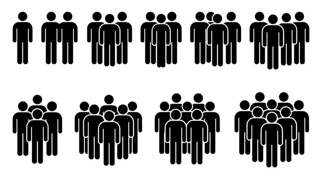 Black silhouette stick figures representing various groups and crowds of people on a white background, illustrating different social gatherings and communities.