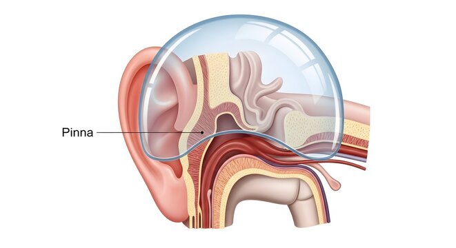 Lateral anatomical illustration of the external ear emphasizing the pinna or auricle, depicting its cartilaginous folds and contours that collect and funnel sound waves into the ear canal for hearing 