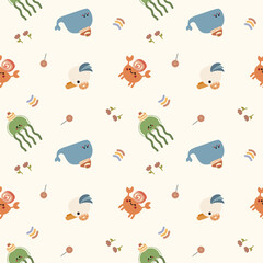 Fototapeta premium Animal and dessert cartoon so cute. On jellyfish crab whale bird roll cake pancake donut lollipop rainbow flower background. Pattern seamless vector illustration. 