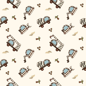 Vehicle zebra cartoon so cute. On cement mixer truck crane backhoe front loader tree grass mountain background pattern seamless vector illustration. 