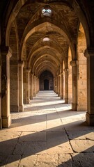 Obraz premium Perspective view of arched hallway with stone columns and sunlight creating a spiritual and architectural exploration