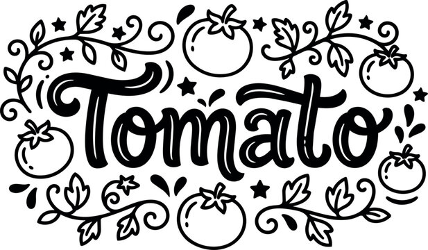 Black and white tomato lettering with vine leaves and tomato icons vector art