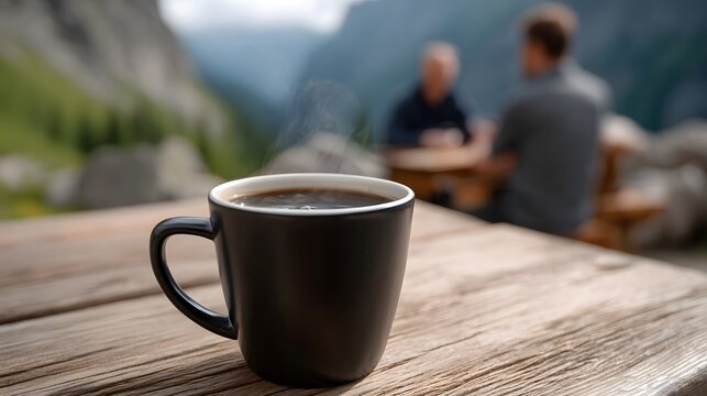 Steaming hot coffee in a mug rests on a rustic wooden table with a scenic mountain landscape and blurred figures in the background