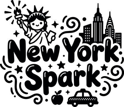 Cute statue of liberty with new york spark lettering city skyline and taxi vector art